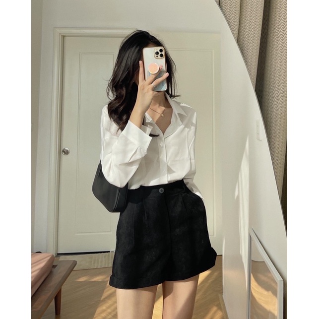 Áo sơmi lụa form rộng dáng suông basic Hàn Quốc