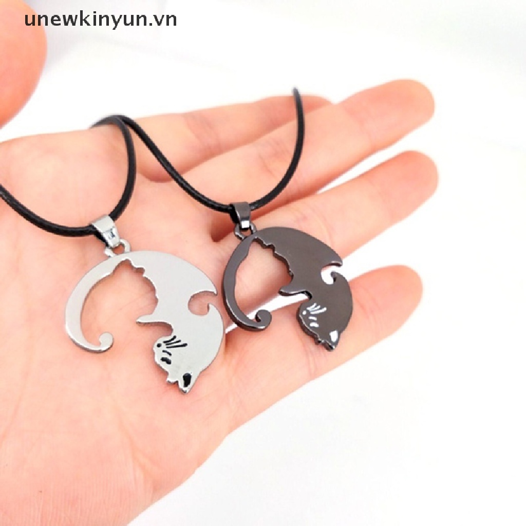 【UU】 2pc/set Couple Heart Necklace Matching Puzzle Cat Pendant Jewelry Valentine Gift .