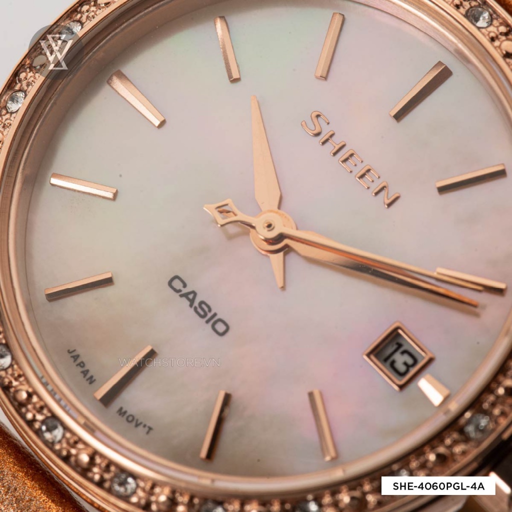 Đồng Hồ Quartz Nữ Casio Sheen WATCHSTORE SHE-4060PGL-4AUDF Thiết Kế Mặt Kính Khoáng 28mm, Dây Đeo Da, Vỏ Thép Không Gỉ