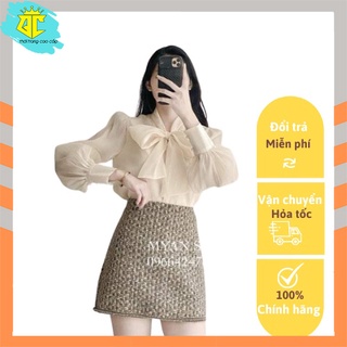 Áo sơ mi nữ dài tay, áo sơ mi cổ bồng chất tơ lụa dễ phối đồ - 078