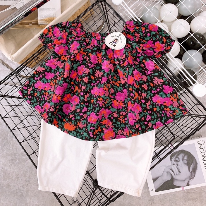 Đồ bộ bé gái, Set áo hoa tím cổ vuông tay bồng và quần legging vải zip tăm đáng yêu cho bé từ 7 đến 18 kg, SUN KID'S
