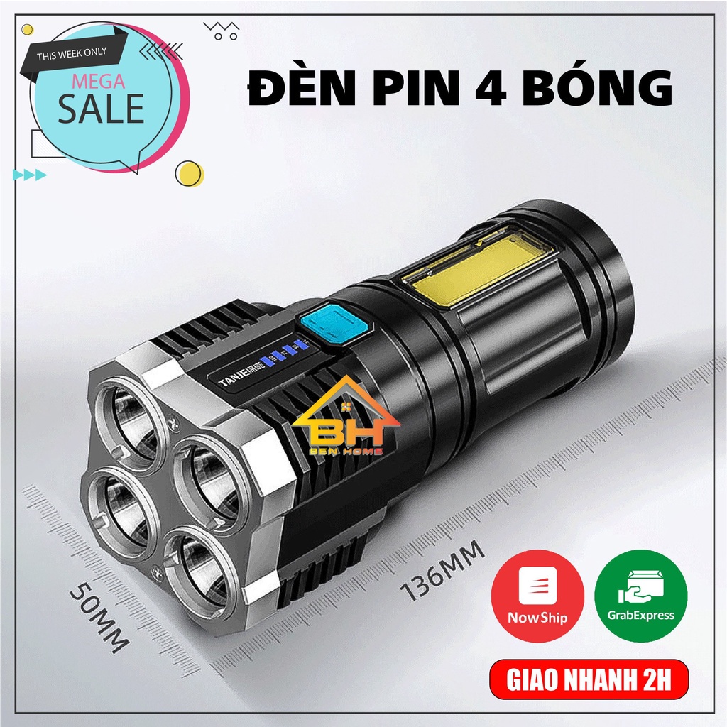 Đèn Pin Cầm Tay Chiếu Xa Siêu Sáng 4 Bóng 4 Chế độ đèn tích điện siêu sáng