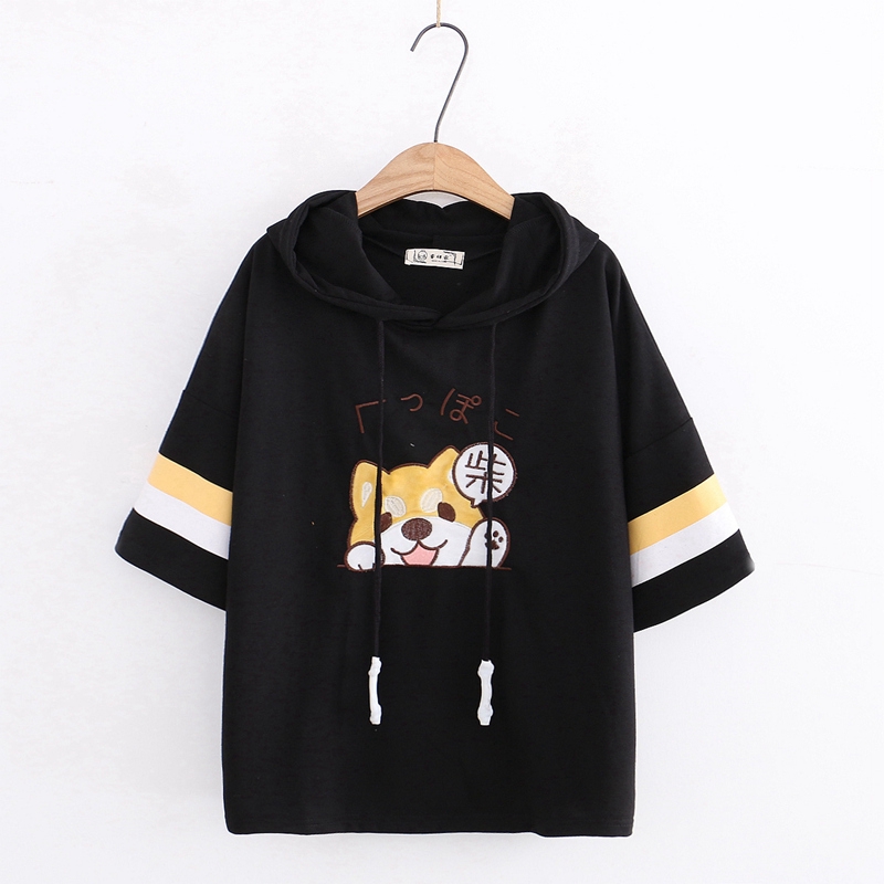 Áo Hoodie Ngắn Tay In Hình Chú Chó Shiba Dễ Thương Phong Cách Hàn Quốc Dành Cho Nữ