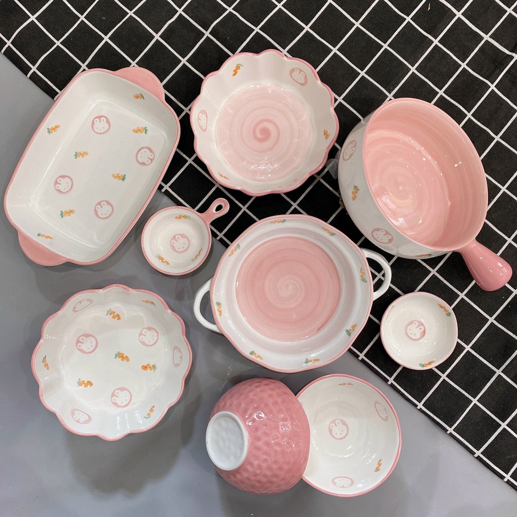 Bát Đĩa Decor Bát Ăn Cơm Bộ Chén Dĩa Sứ XThot Hồng Dễ Thương Cute Cao Cấp