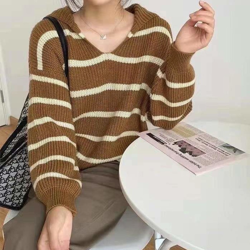 Áo Sweater Dệt Kim Tay Dài Dáng Rộng Kẻ Sọc Kiểu Retro Hàn Quốc