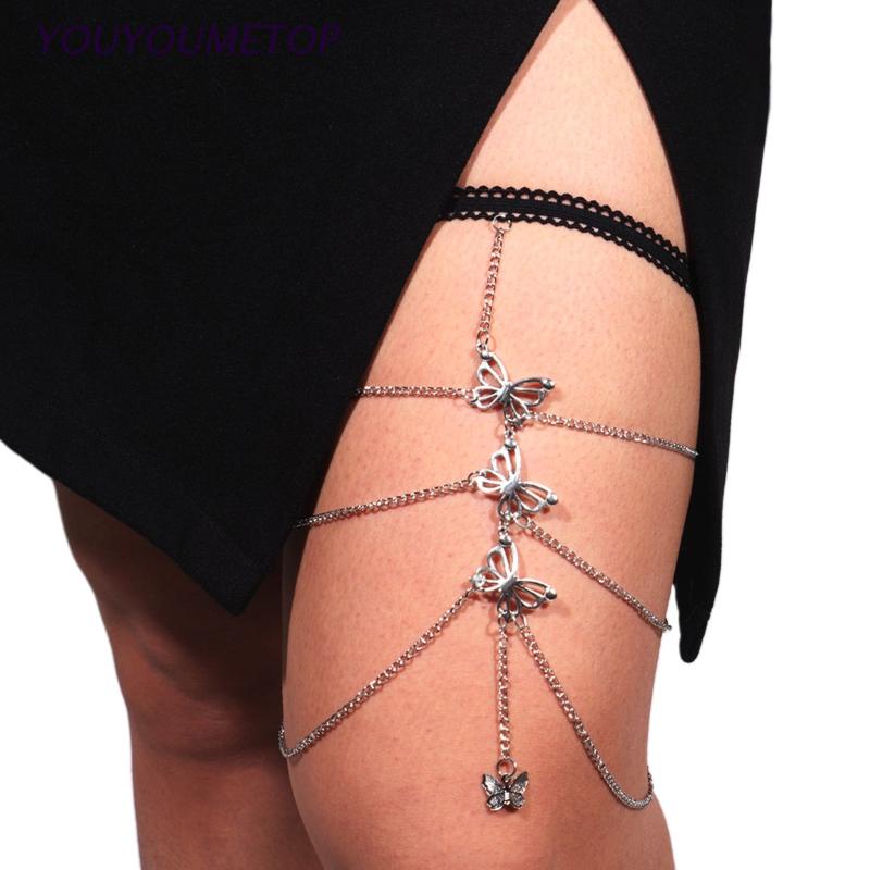 Youyo Dây Xích Đeo Đùi Tua Rua Hình Bướm Màu Trơn Phong Cách Punk Dành Cho Nữ