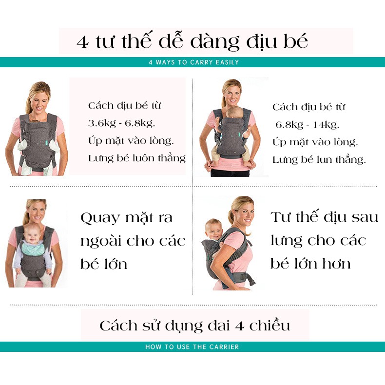 (CHÍNH HÃNG) Địu em bé 4 tư thế - Địu Infantino Flip 4-in-1 Convertible Carrier dùng cho bé từ 3.6 – 14.5kg Mỹ