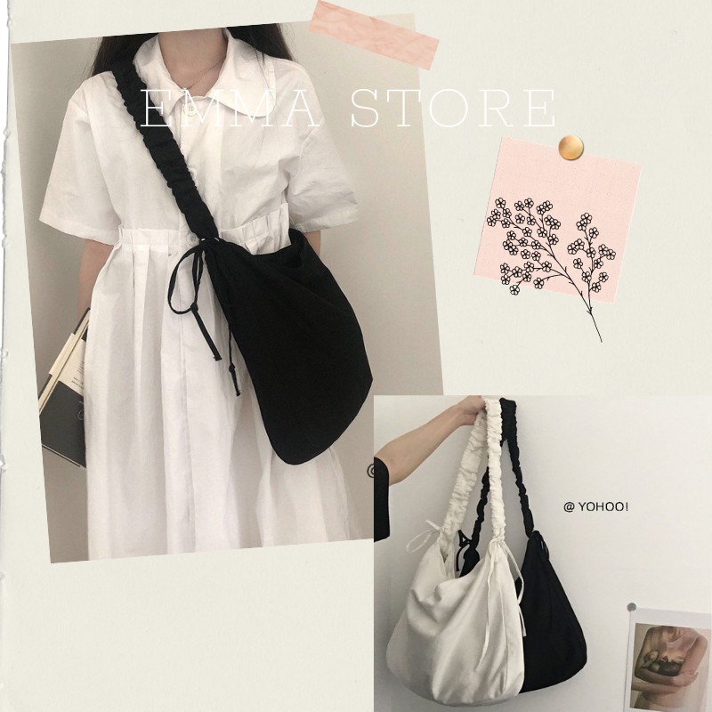 TÚI TOTE ĐEO CHÉO DÂY RÚT 💖 FREESHIP 50K 💖 VẢI CANVAS MÀU TRẮNG - ĐEN - PHONG CÁCH ULZZANG