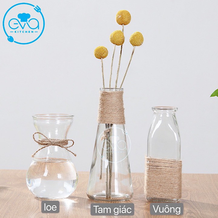 Combo 3 Bình Bông Lọ Hoa Thủy Tinh Vuông Loe Tam Giác Tặng Kèm Dây Bố Trang Trí