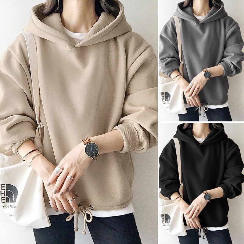 Áo hoodie Zanzea màu trơn cổ chữ O dây rút giữ ấm thời trang đường phố cho nữ（Phần mỏng）