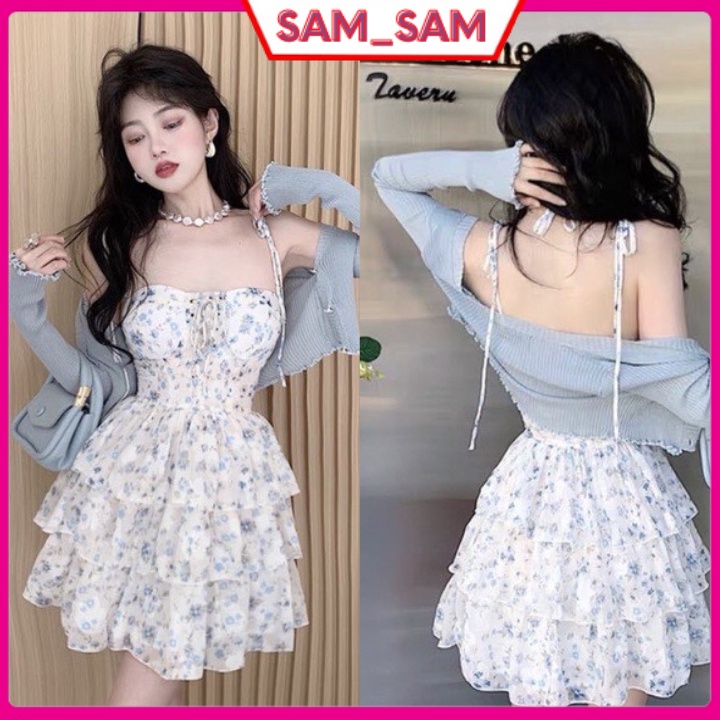 Váy hoa nhí - Đầm 2 dây thiết kế 3 tầng mix áo Cardigan chất lụa Quảng Châu có mút ngực sam_sam_shop_1011