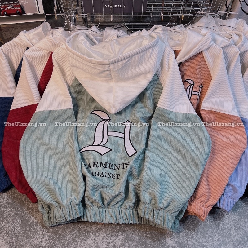 Áo khoác nam nữ nhung Tăm quảng châu form rộng nón rộng 2 lớp cài nút hàng unisex thêu " H NÓN " - NT1014