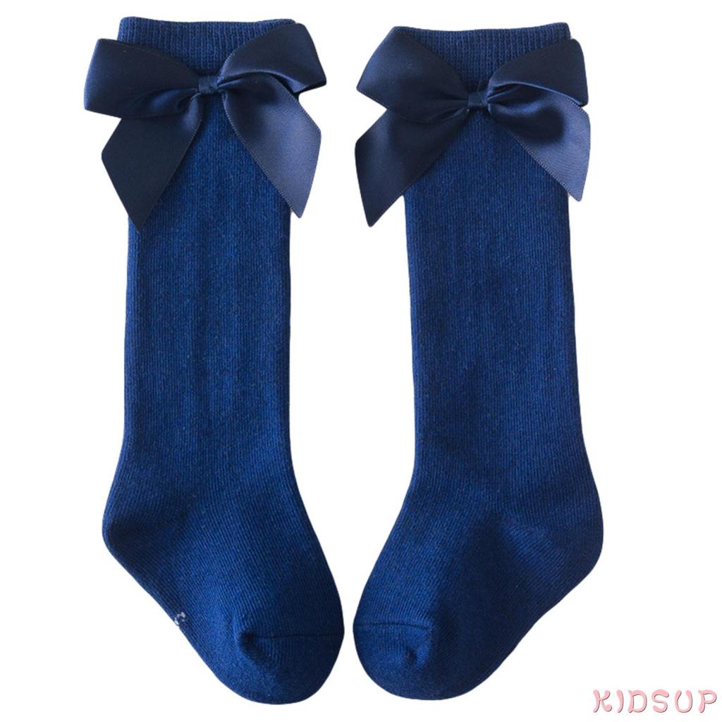 Kidsup1-little Vớ Dài Đến Đầu Gối Co Giãn Thoáng Khí Màu Trơn Đính Nơ Bên Hông Dành Cho Bé Gái