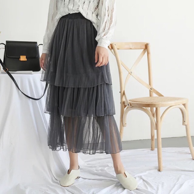 Chân váy tầng voan lưới xếp ly công chúa tiểu thư