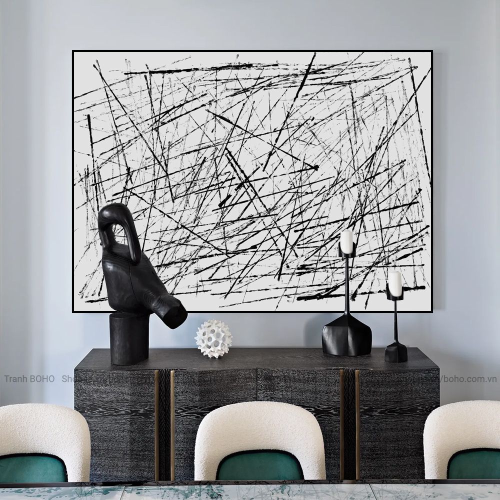 Tranh BOHO trừu tượng trắng đen 80*60cm - Tranh Canvas Decor treo tường - Tặng đinh 3 chân treo tranh, BH 12 tháng