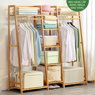 TỦ KỆ GIÁ TREO QUẦN ÁO BALO ÁO KHOÁC TÚI XÁCH NHIỀU NGĂN TIỆN LỢI BẰNG GỖ TRE HÌNH THANG NHIỀU KÍCH THƯỚC MÀU VÀNG NÂU