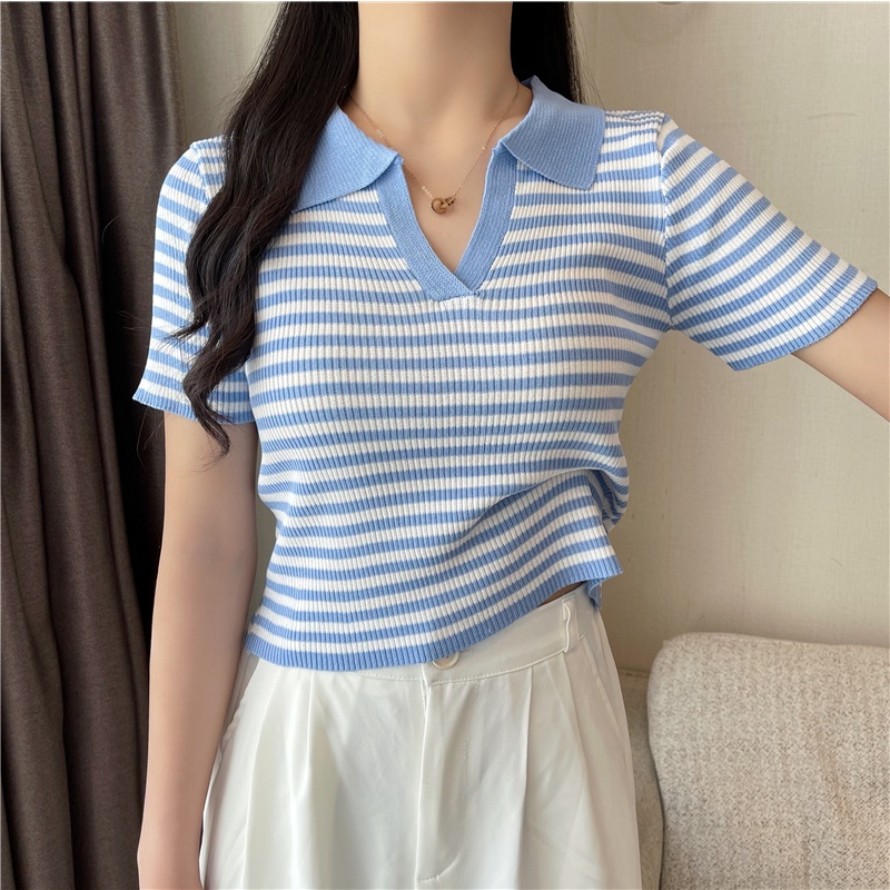 Áo thun SUXI polo dệt kim tay ngắn họa tiết kẻ sọc thời trang Hàn Quốc dễ phối đồ cho nữ