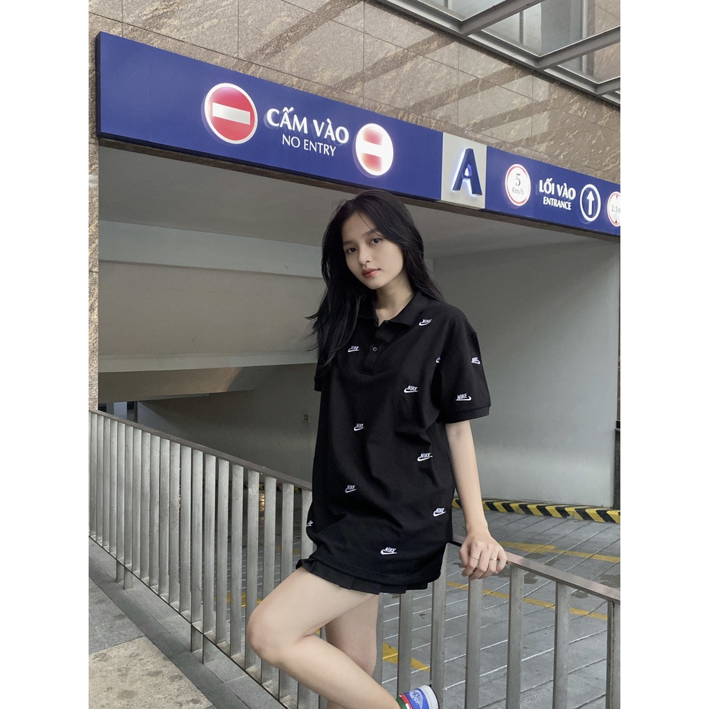 Áo thun Polo Full Logo Đen Thêu Nam Nữ Cổ Bẻ - Vải Vải Cá Sấu Cotton Lacoste Trẻ Trung Xịn