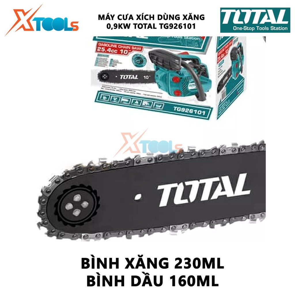 Máy cưa xích dùng xăng Total TG926101 máy cưa xích cầm tay chạy xăng Dung tích: 25,4 cc Công suất định mức: 0,9Kw/1,2HP