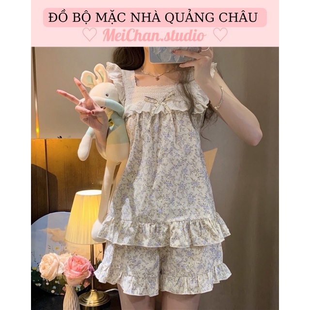 Đồ Ngủ- Đồ Bộ Nữ Mặc Nhà Tiểu Thư Hoa Nhí Cổ Vuông Phối Bèo Ren ulzzang Quảng Châu