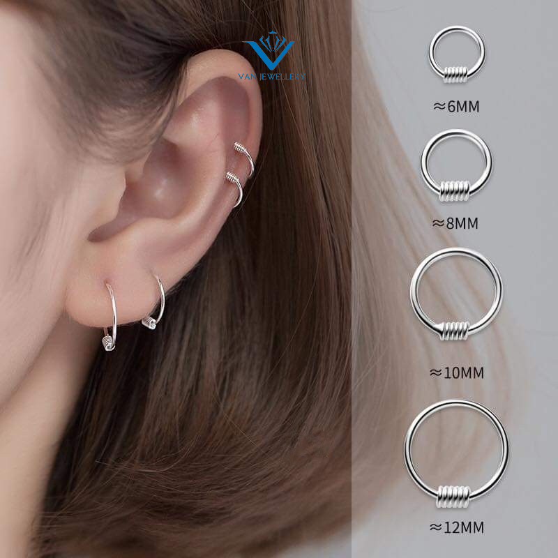 Khuyên tai tròn trơn bạc ta đầu xoắn lò xo đủ size 6,8,10,12 mm Van Jewelry V10292