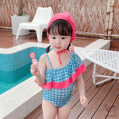 Bộ Đồ Bơi Một Mảnh Không Tay Họa Tiết Sọc Caro Kèm Mũ Phong Cách Hàn Quốc Cho Bé Gái