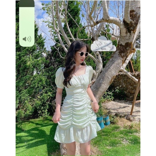❤️Đầm xanh nhún thân kèm hình thật