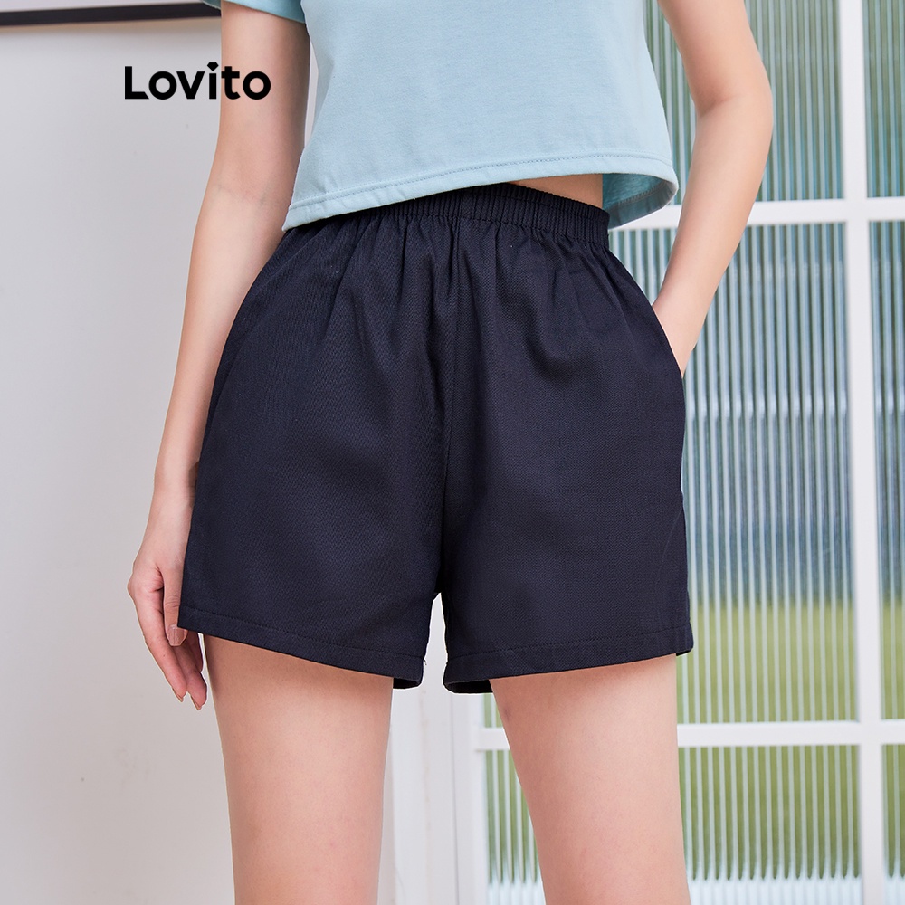 Quần short Lovito lưng cao màu trơn đơn giản dáng rộng phong cách cơ bản có túi L04154 (màu đen) | BigBuy360 - bigbuy360.vn