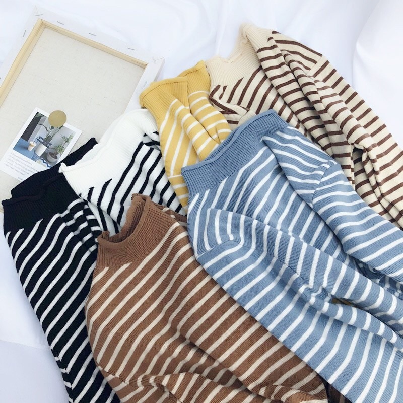 Áo Sweater Tay Dài Cổ Lọ Họa Tiết Kẻ Sọc Thời Trang Mùa Thu