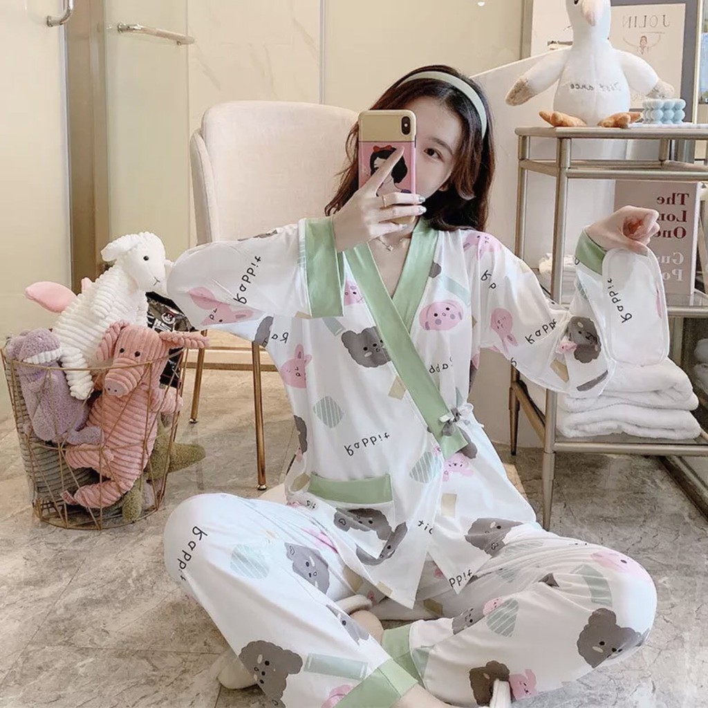 Đồ Bộ Dài Tay Mặc Nhà Kiểu Dáng Kimono Chất Thun 🍁 thươngBộ pijama kiểu dáng kimono tay dài quần dài