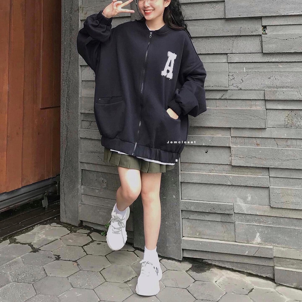 Áo Khoác Bomber Nữ Form Rộng Áo Khoác Nỉ Nữ Tay Bo Thêu Chữ Phần Trước Ngực Màu Đen Basic TAKENN 10237 Gous.go