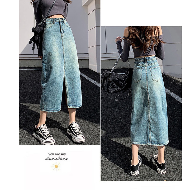 Váy Denim Cổ Điển 165048 Chân Váy Dài Qua Gối Xẻ Tà Thời Trang Cho Nữ
