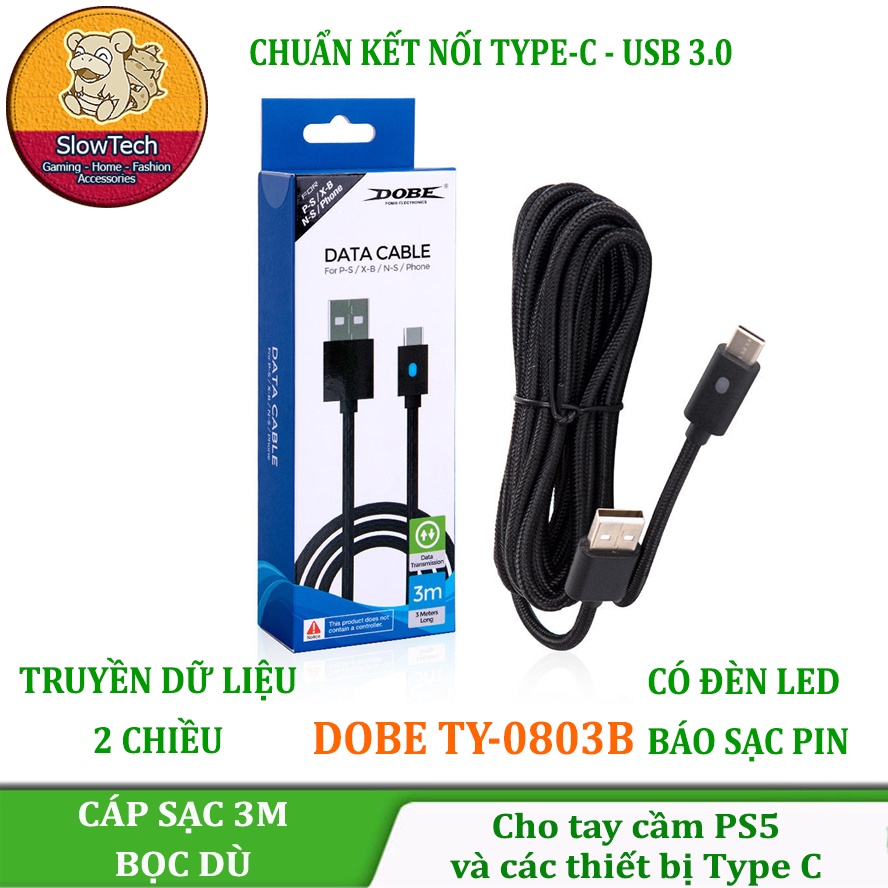 Dây sạc nhanh Type-C bọc dây dù bền bỉ dài 3m cho điện thoại Android, tay cầm PS5 Dobe TY-0803 Phụ kiện SlowTech