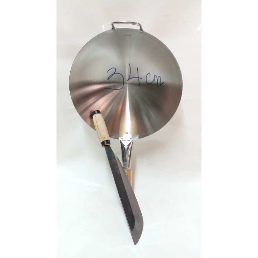 CHẢO (QUÁNH)INOX CÁN GỖ 34CM TẶNG KÈM 1 DAO PHAY.