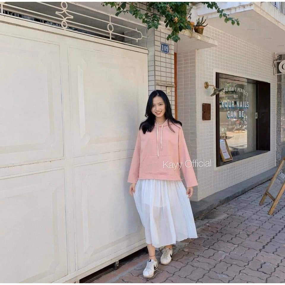 SET ÁO HOODIE HỒNG MIX CHÂN VÁY DẬP LI TRẮNG