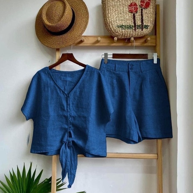 Sét đồ nữ mùa hè vải linen Hàn Bộ mặc nhà nữ áo dây cộc tay quần short style Hàn Quốc,Đi chơi,dạo phố,dự tiệc... S636