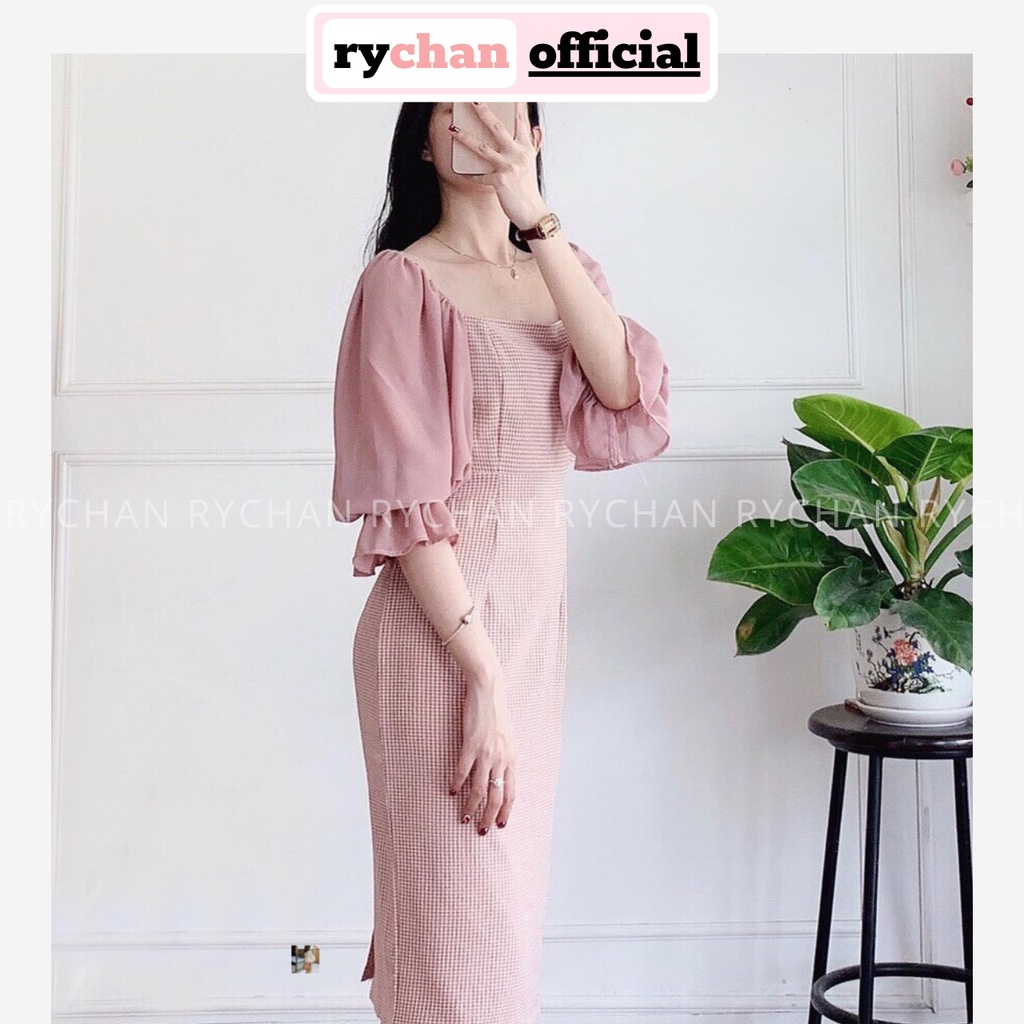 [ẢNH THẬT CUỐI] DO791 - Đầm Ôm Caro Hồng Phối Tay Voan