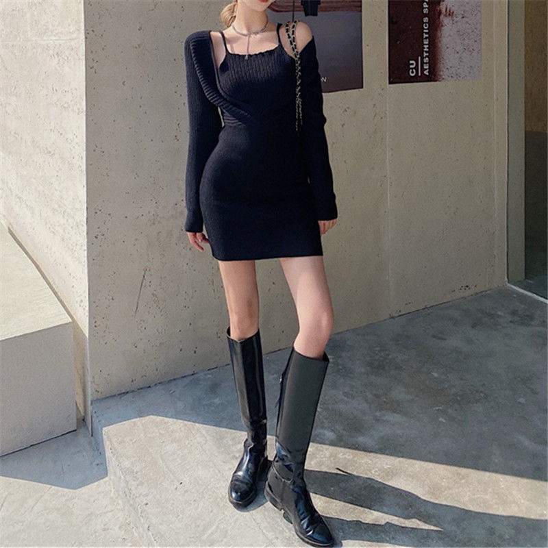 [MURIOKI] Set Đầm Ôm Hai Dây + Áo Sweater Tay Dài Màu Đen Phong Cách Thời Trang Mùa Thu 2022