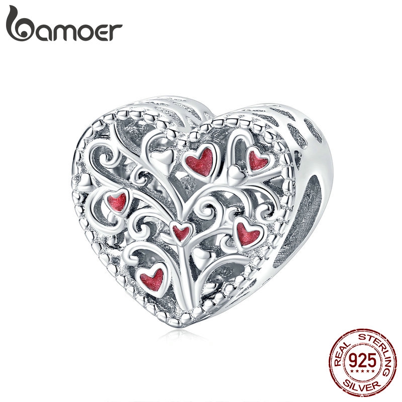 Charm bạc BSC279 tráng men đỏ Bamoer hình trái tim xỏ lắc tay
