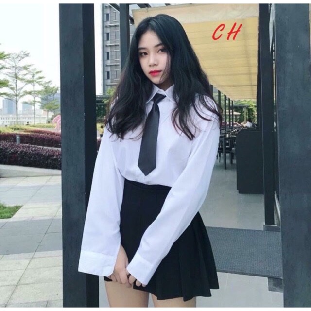 Sét ba món sơ mi cavat+ chân váy xếp li CH12
