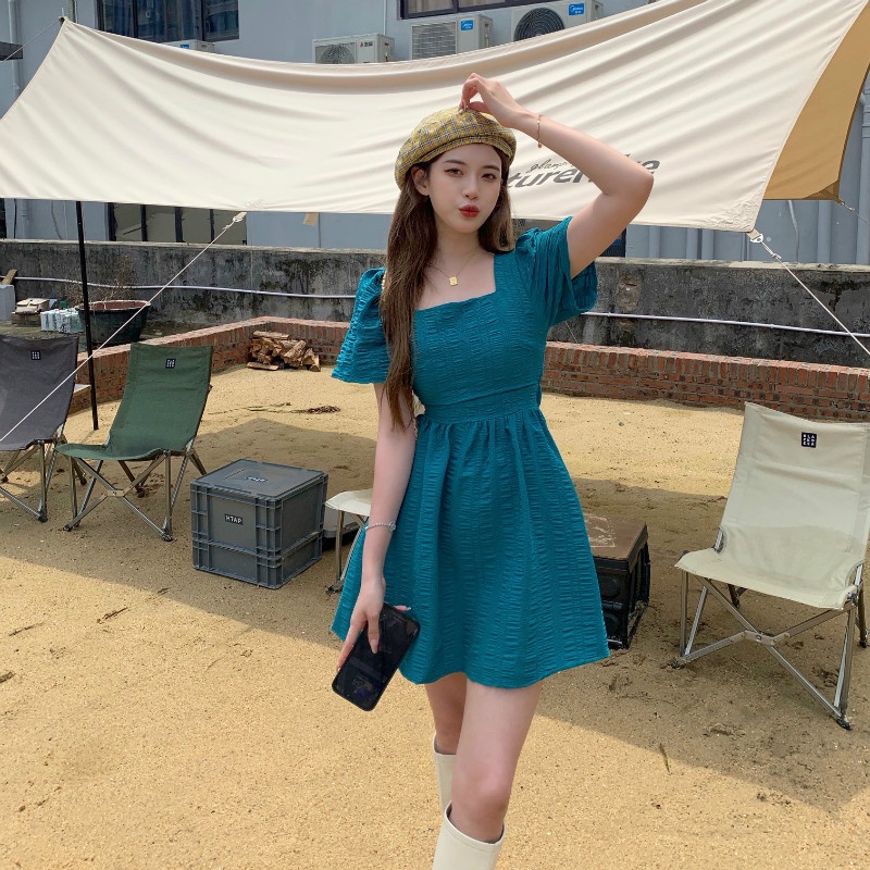 Váy cắt lưng style Hàn Quốc màu xanh cá tính trendy mùa hè
