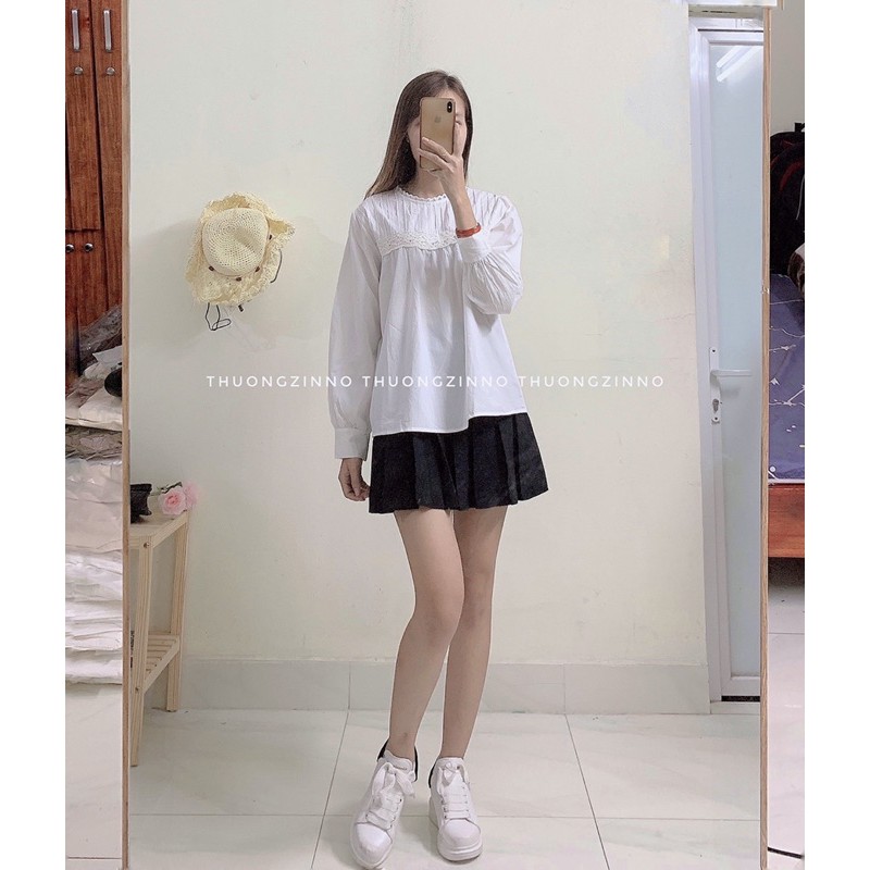 [Ảnh thật/Video]Áo sơ mi Ulzzang ren bi xếp li ngực tay bồng tiểu thư hàng Quảng Châu
