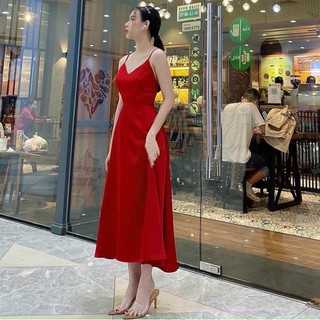 Đầm váy freesize đỏ 2 dây nơ sau