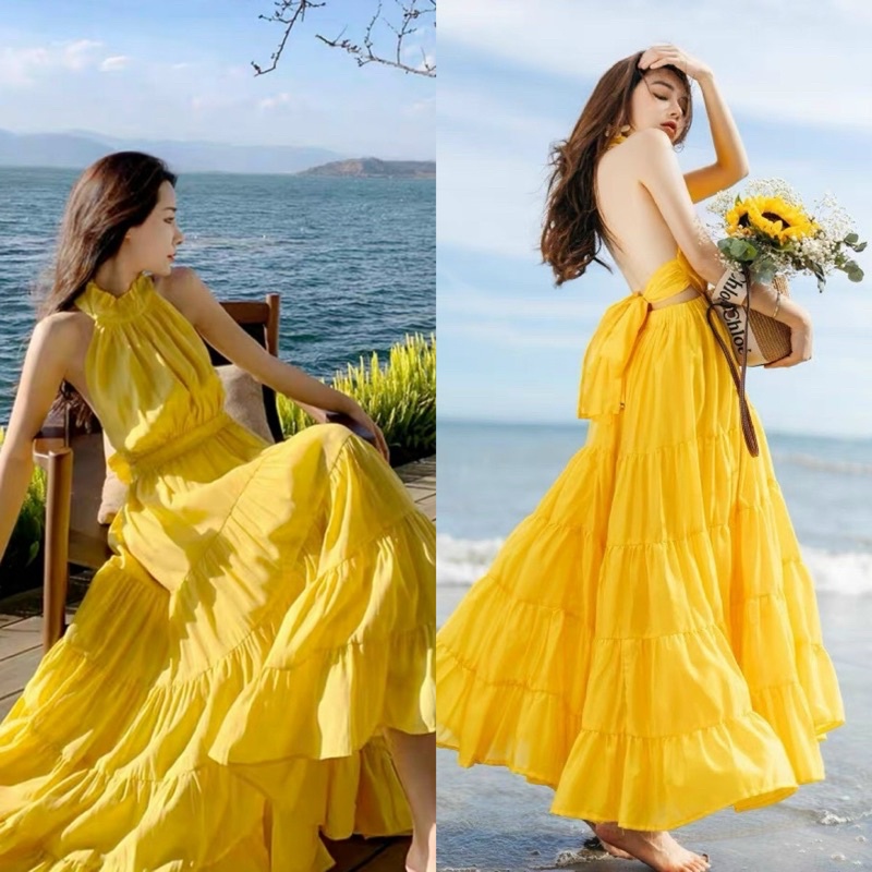 Maxi voan vàng có mút cổ yếm hở nơ lưng, đầm váy dài sang trọng quyến rũ gợi cảm, thời trang nữ đi chơi/biển du lịch