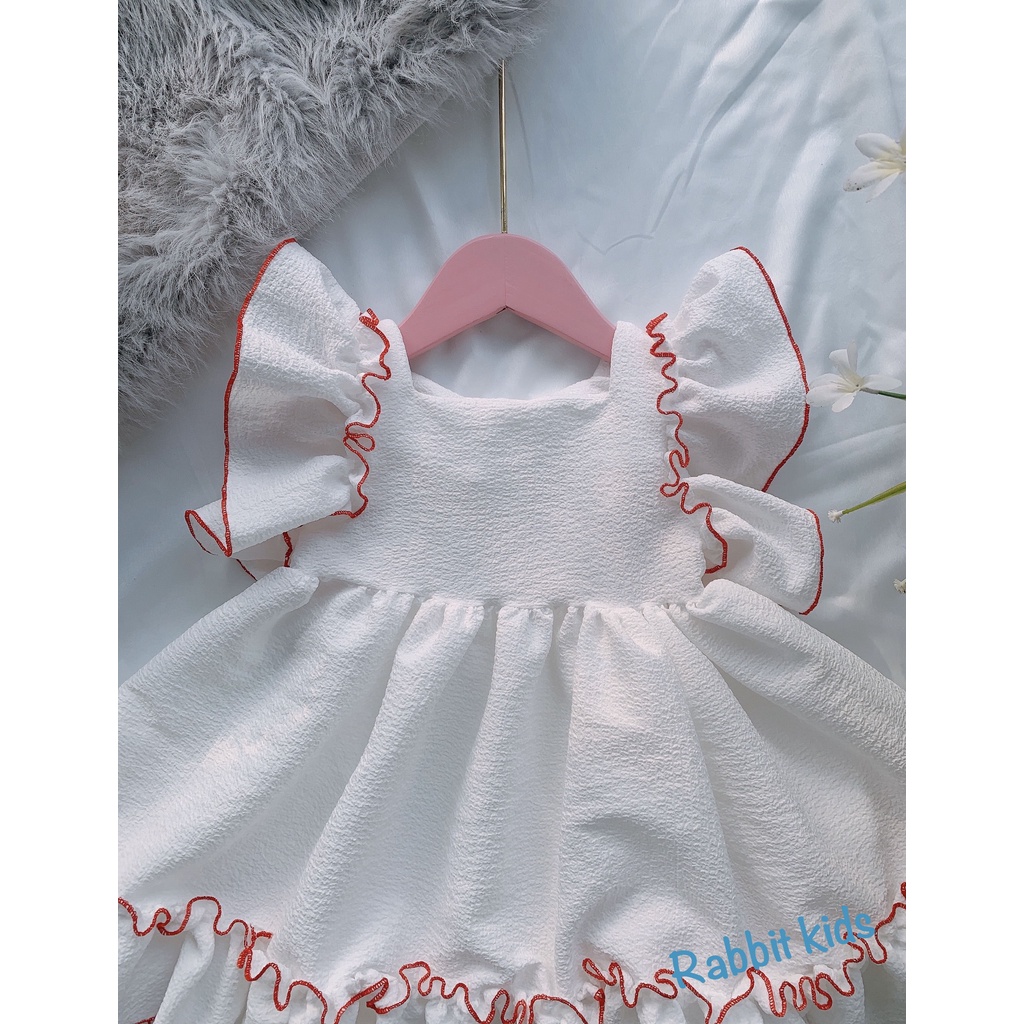 Váy Trắng Cho Bé Gái FREESHIP Rabbit Kids - Đầm Hè Trẻ Em Chất Xốp Mềm Mát Viền Đỏ Dễ Thương Xinh Xắn