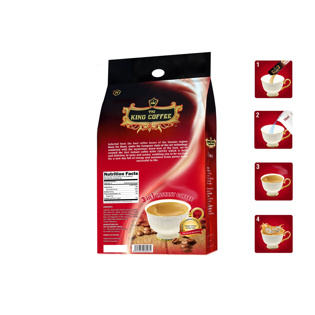 Cà Phê Hòa Tan 3IN1 KING COFFEE - Túi 88 gói x 16g - Từ hạt café Arabica và Robusta