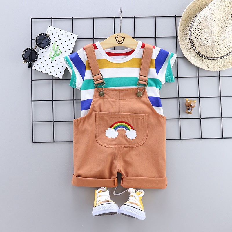 Bộ quần áo Luckycandy tay ngắn kẻ sọc trang trí hình cầu vồng phong cách Hàn Quốc thời trang mùa hè dành cho trẻ em