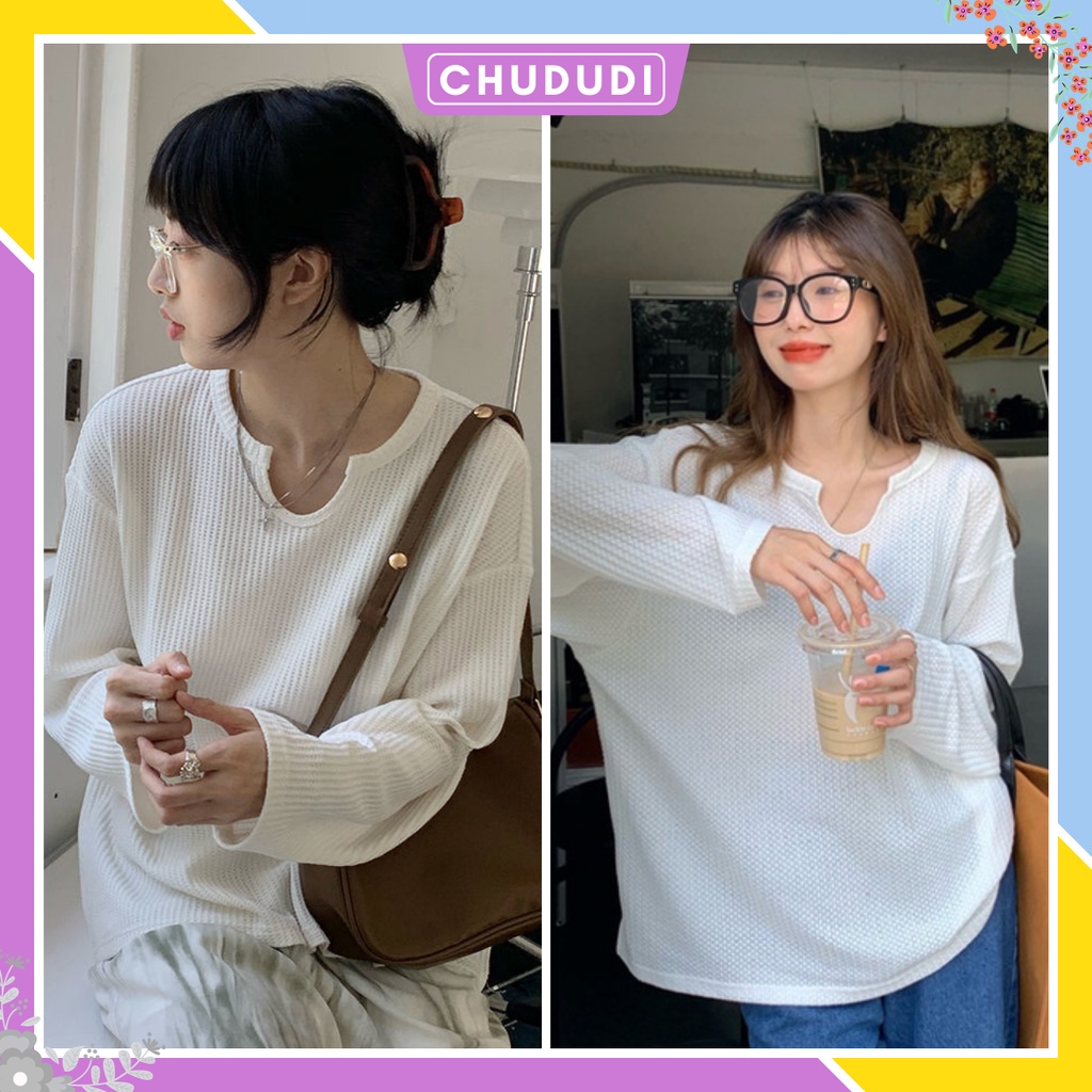 Áo thun dài tay cổ khoét giọt lệ chất tổ ong form rộng ulzzang Hàn Quốc vintage cá tính CHUDUDI AK21