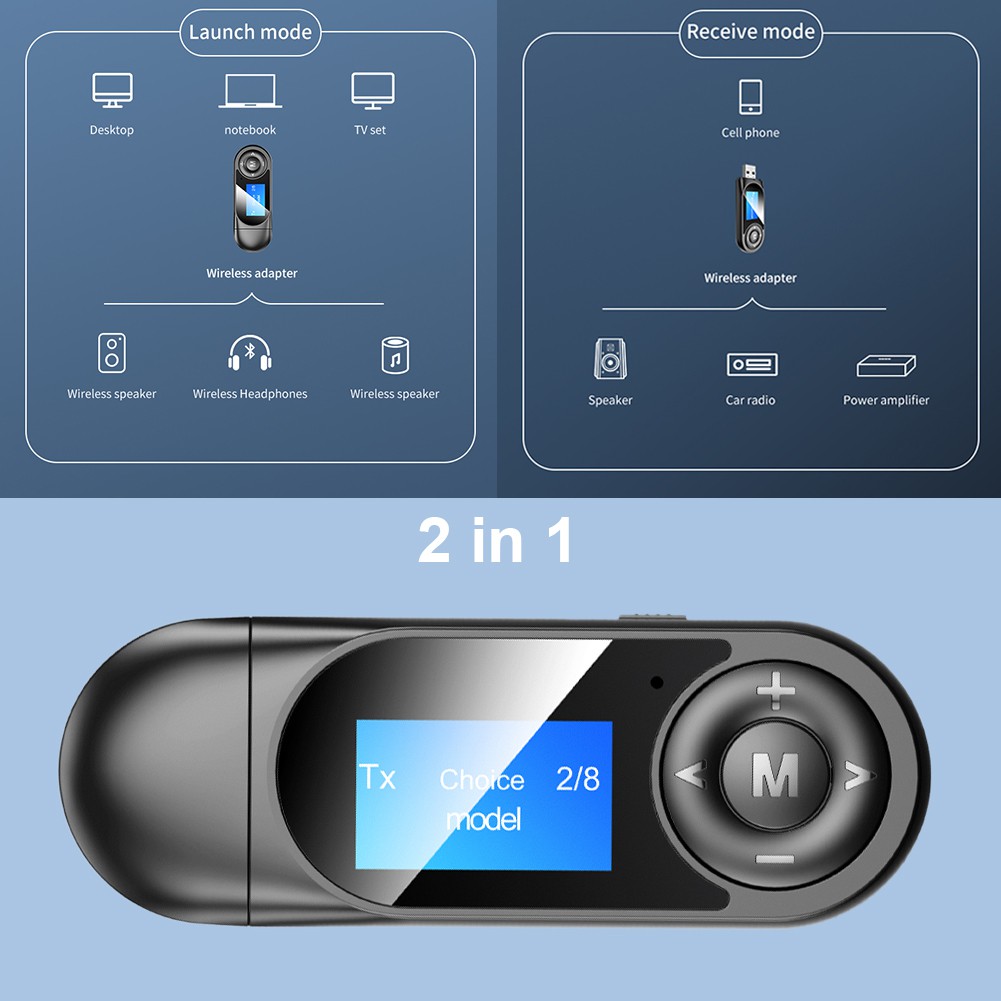 ❁Rondaful❁Bluetooth Transmitter and Receiver 2 in 1 Multifunction Portable USB Bluetooth 5.0 Adapter with Display for PC TV Headphones