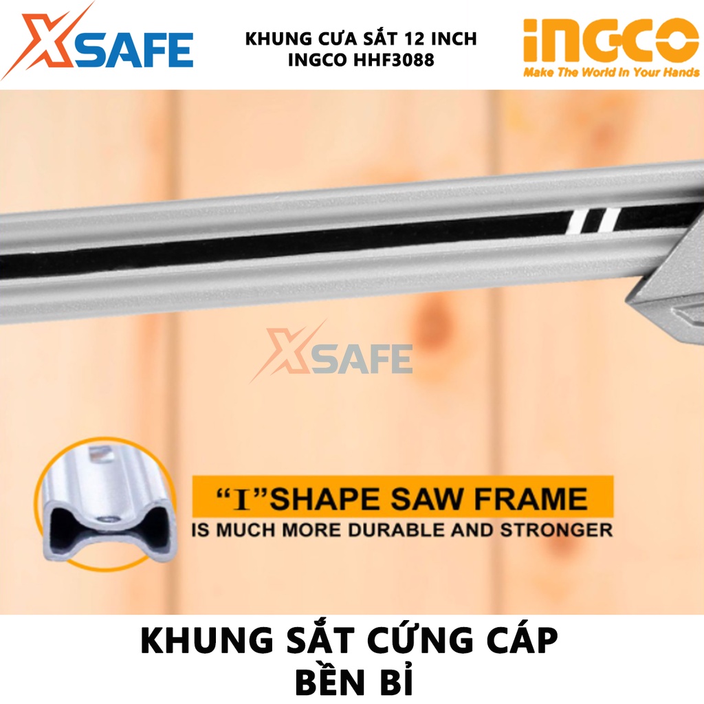 Khung cưa sắt INGCO HHF3088 Cưa sắt cầm tay kích thước 300 mm, tay cầm nhôm ABS + TPR mạnh mẽ, thoải mái khi sử dụng